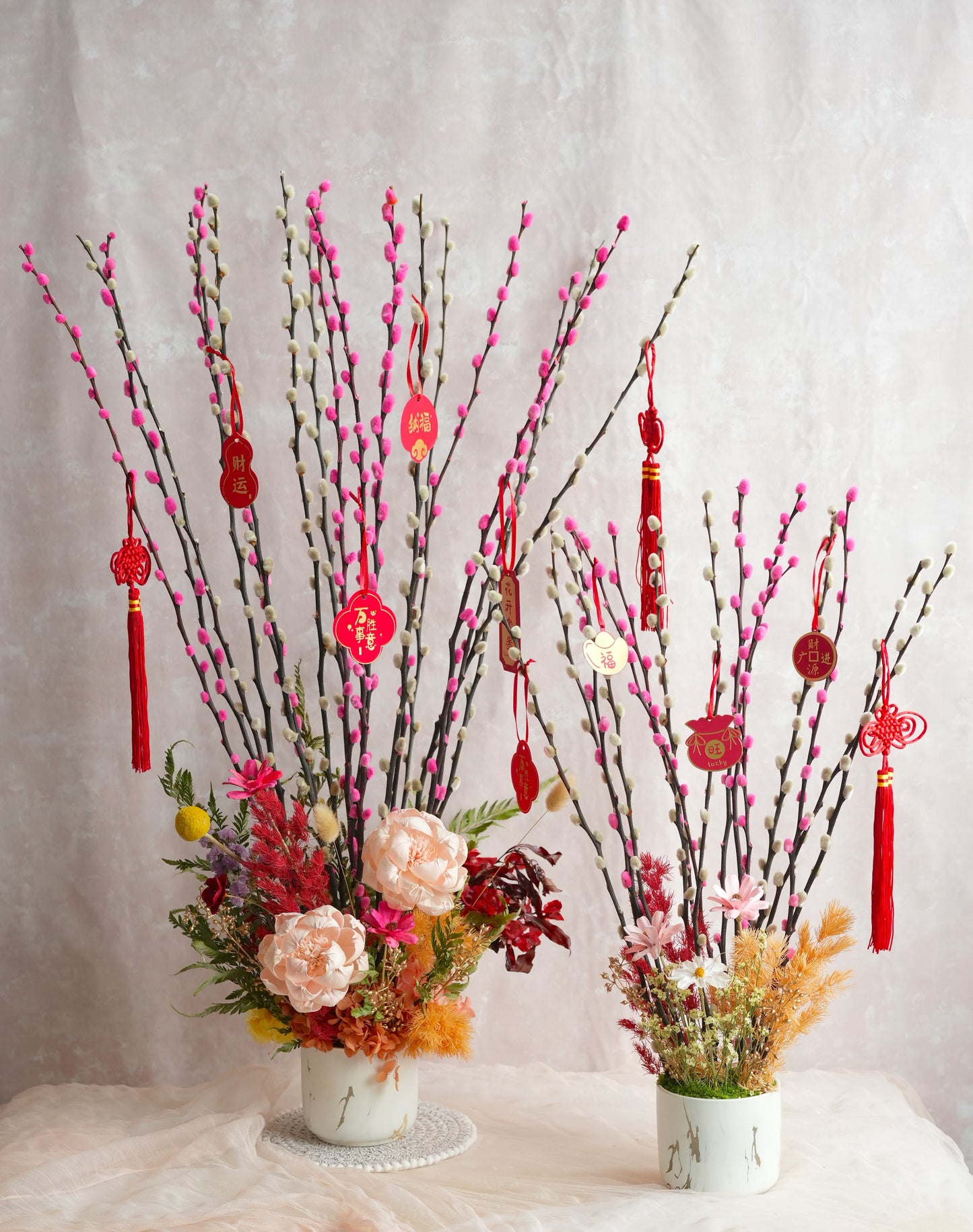 花开富贵 Blush Harmony Pussy Willow Flower Vase (Large Size)