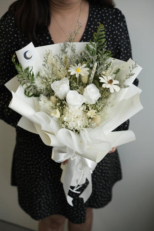 white flower bouquet dried and preserved serenity condolences flower