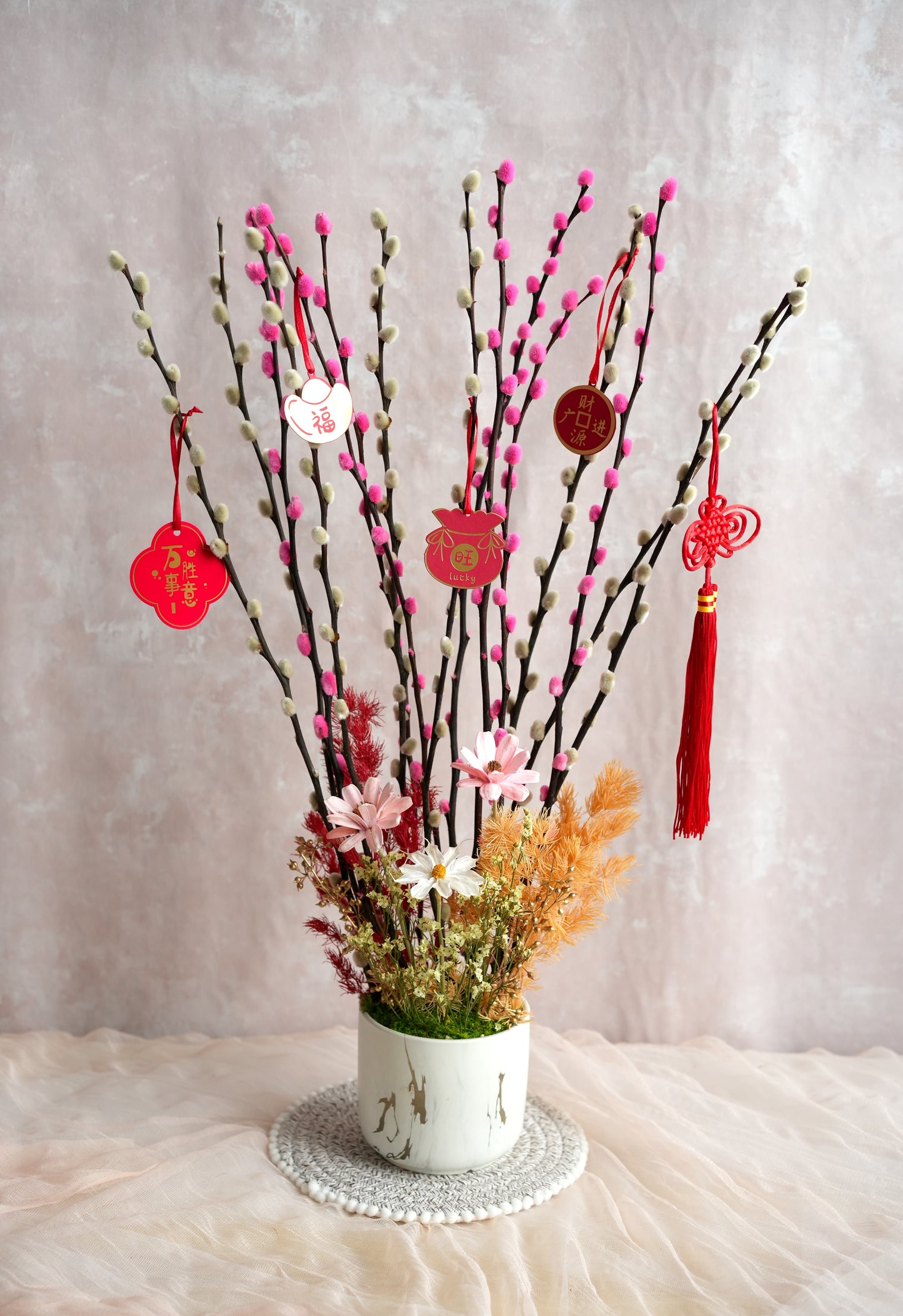 花开富贵 Blush Harmony Pussy Willow Flower Vase (Medium Size)