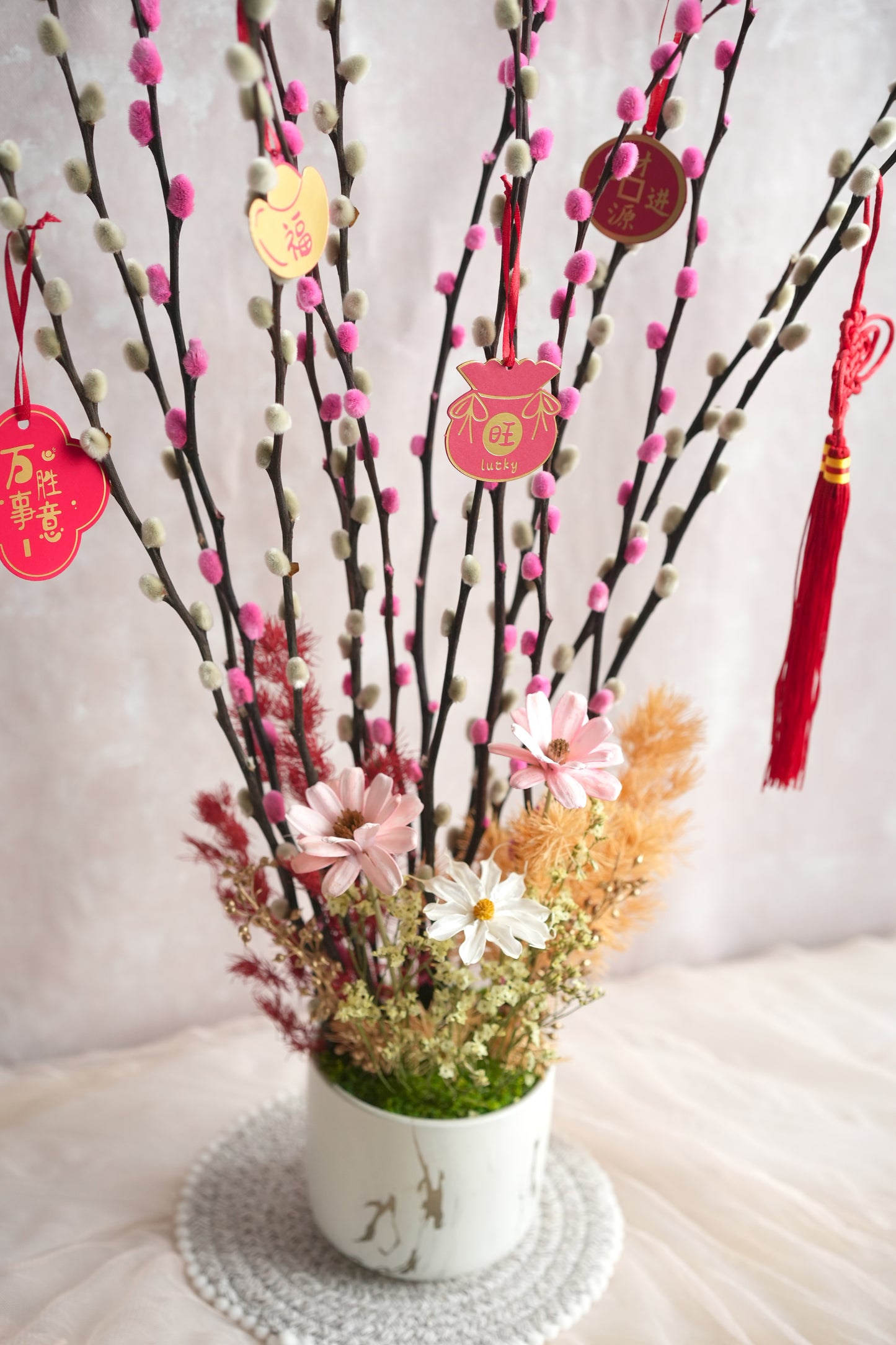 花开富贵 Blush Harmony Pussy Willow Flower Vase (Medium Size)