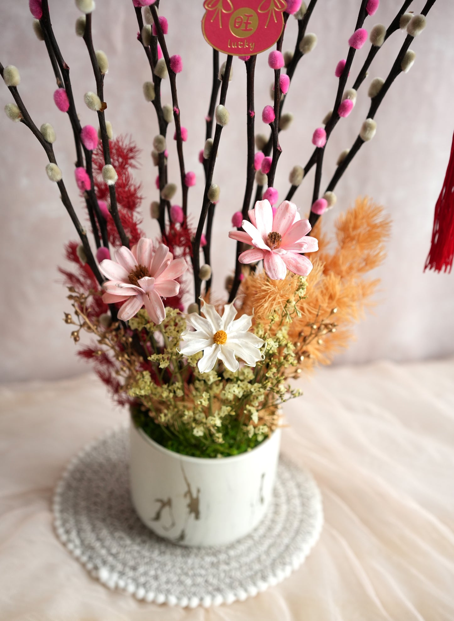 花开富贵 Blush Harmony Pussy Willow Flower Vase (Medium Size)