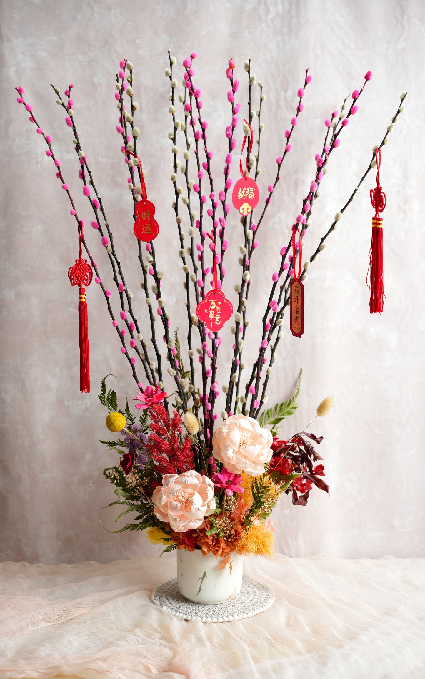 花开富贵 Blush Harmony Pussy Willow Flower Vase (Large Size)