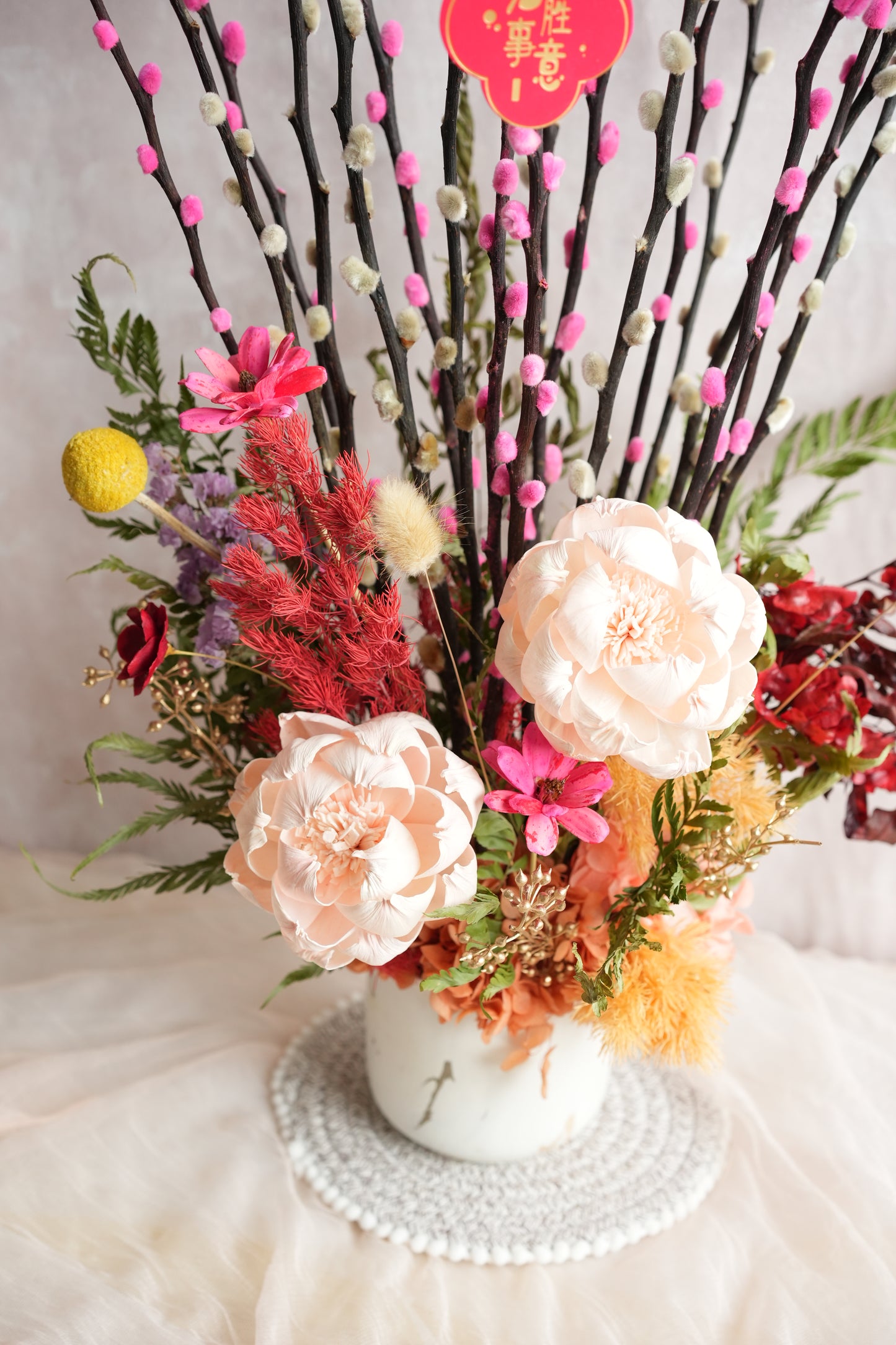 花开富贵 Blush Harmony Pussy Willow Flower Vase (Large Size)