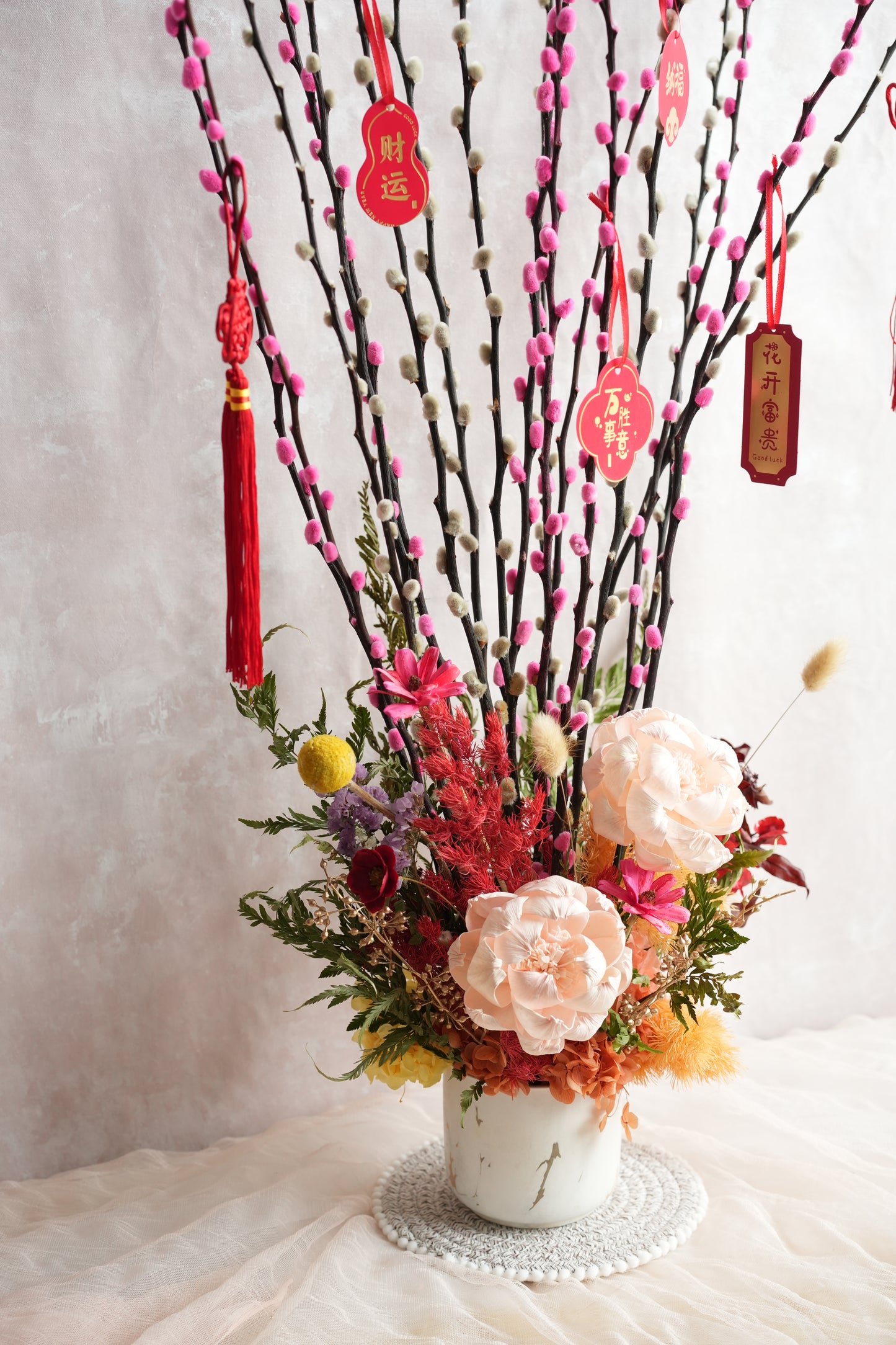 花开富贵 Blush Harmony Pussy Willow Flower Vase (Large Size)