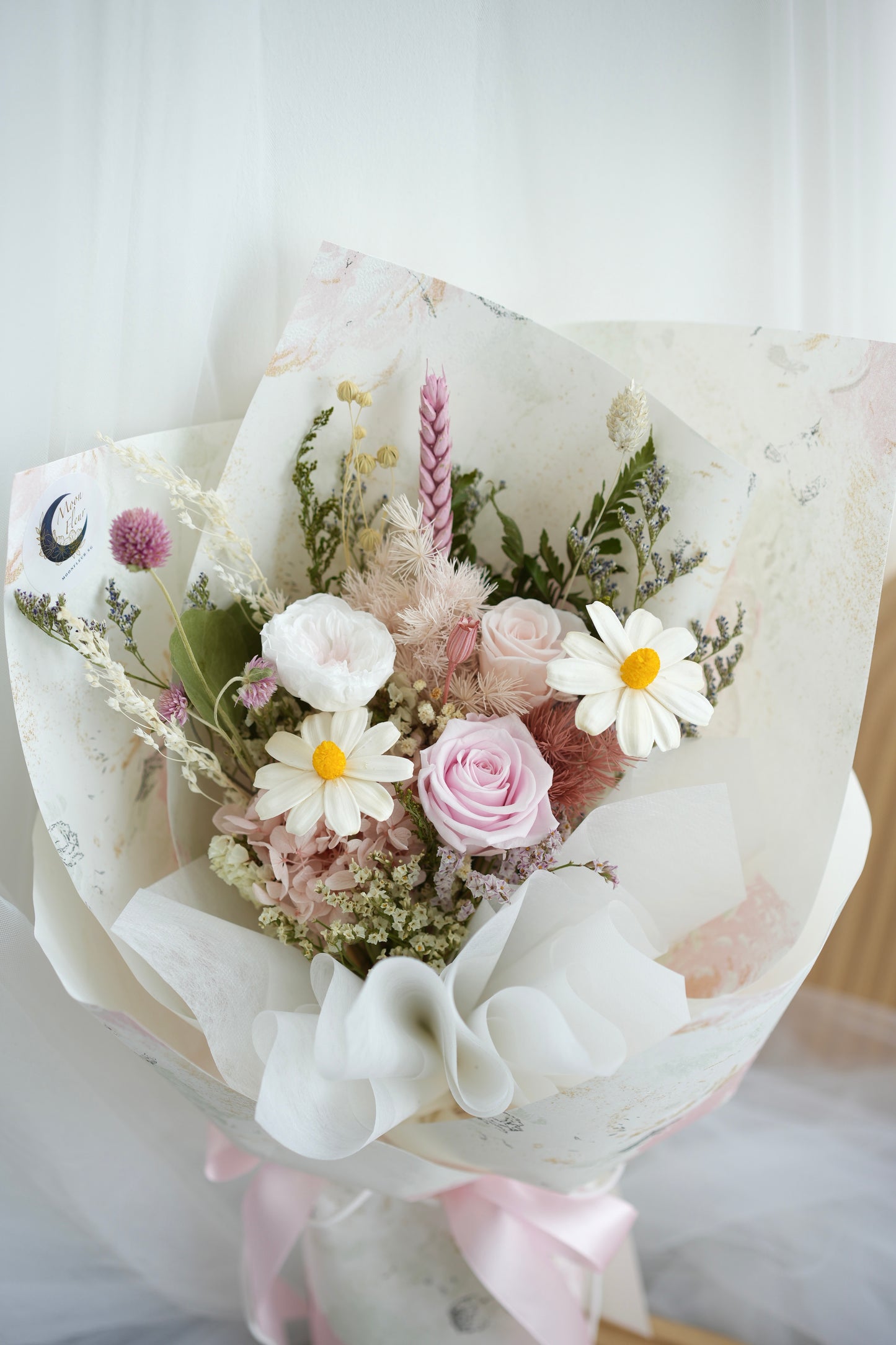 Pink white preserved and dried flower bouquet singapore