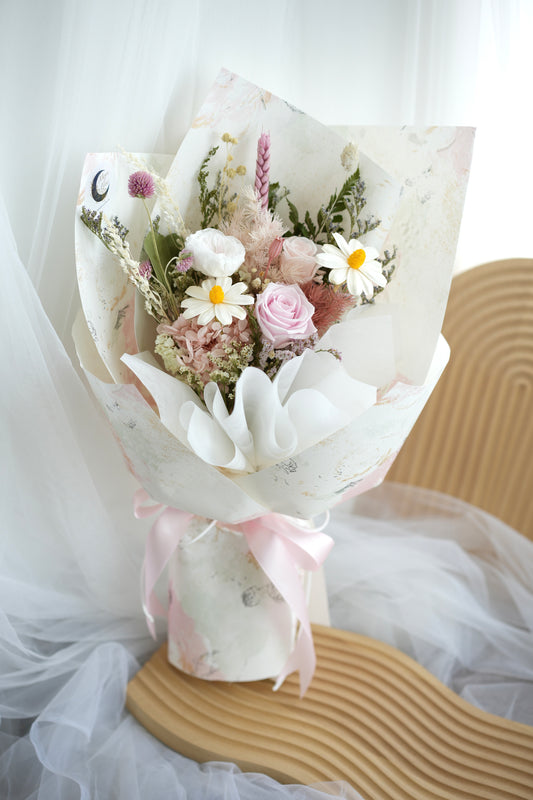 Pink white preserved and dried flower bouquet singapore