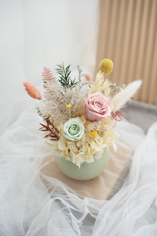 Sage Green Yellow Petite Flower Vase Dried & Preserved Flowers suitable for gifting or home decor