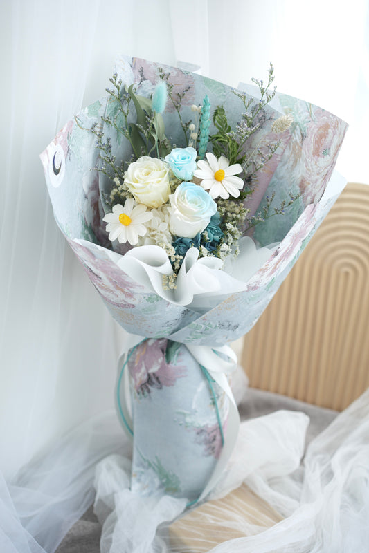 dried preserved flower bouquet teal yellow gifting for lover singapore 