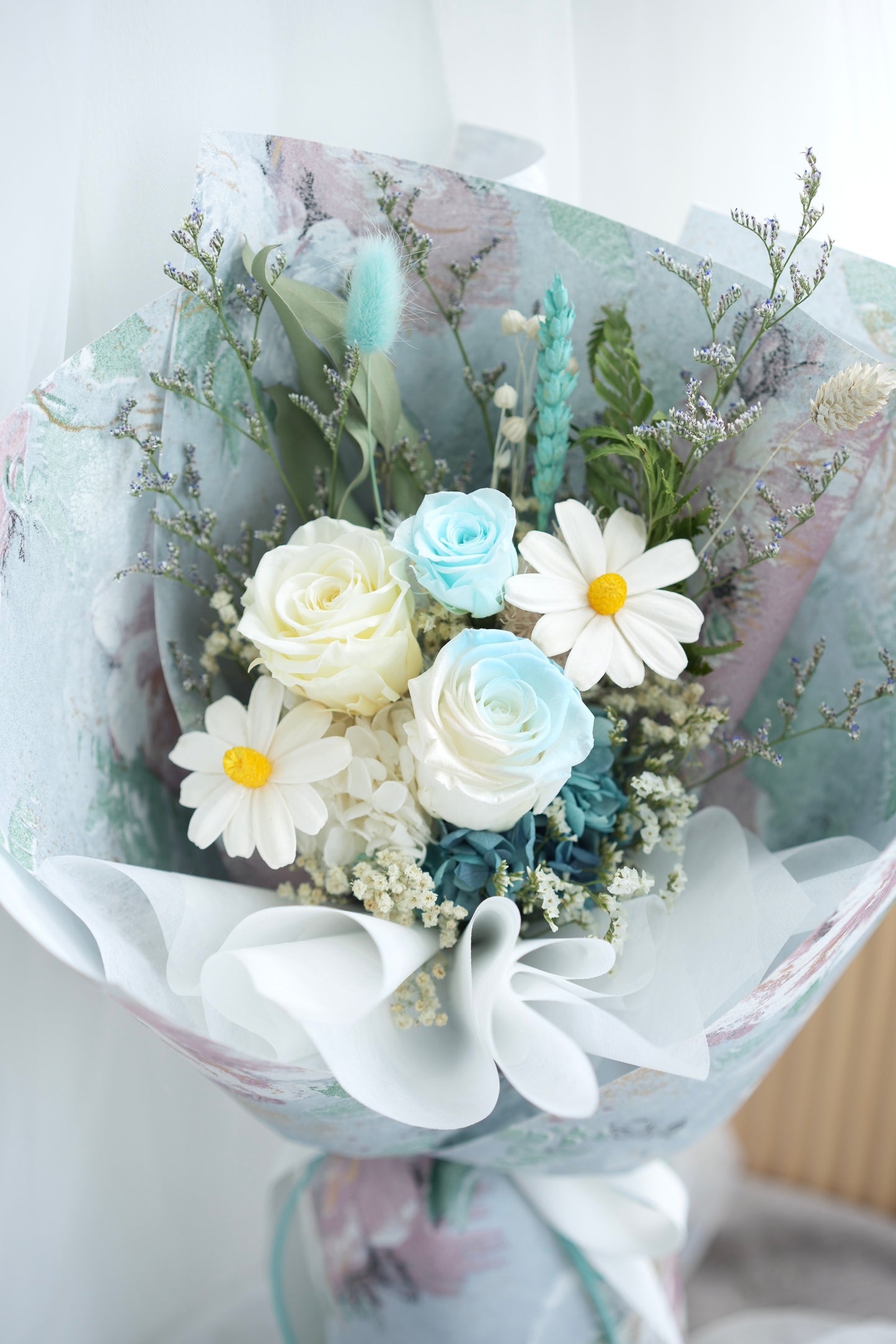 dried preserved flowers teal yellow flower bouquet gifting for loved ones 